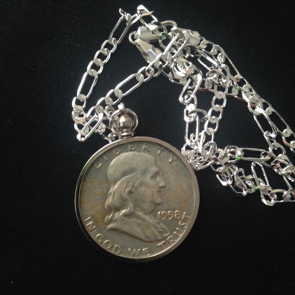 1958 Silver Half Dollar Coin, 18in 925 Chain - Picture 1 of 8
